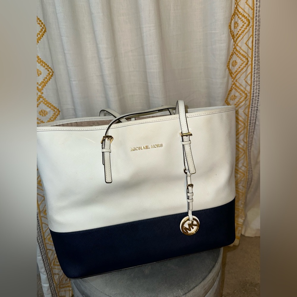 Large White and Navy Color Block Michael Kors Tote